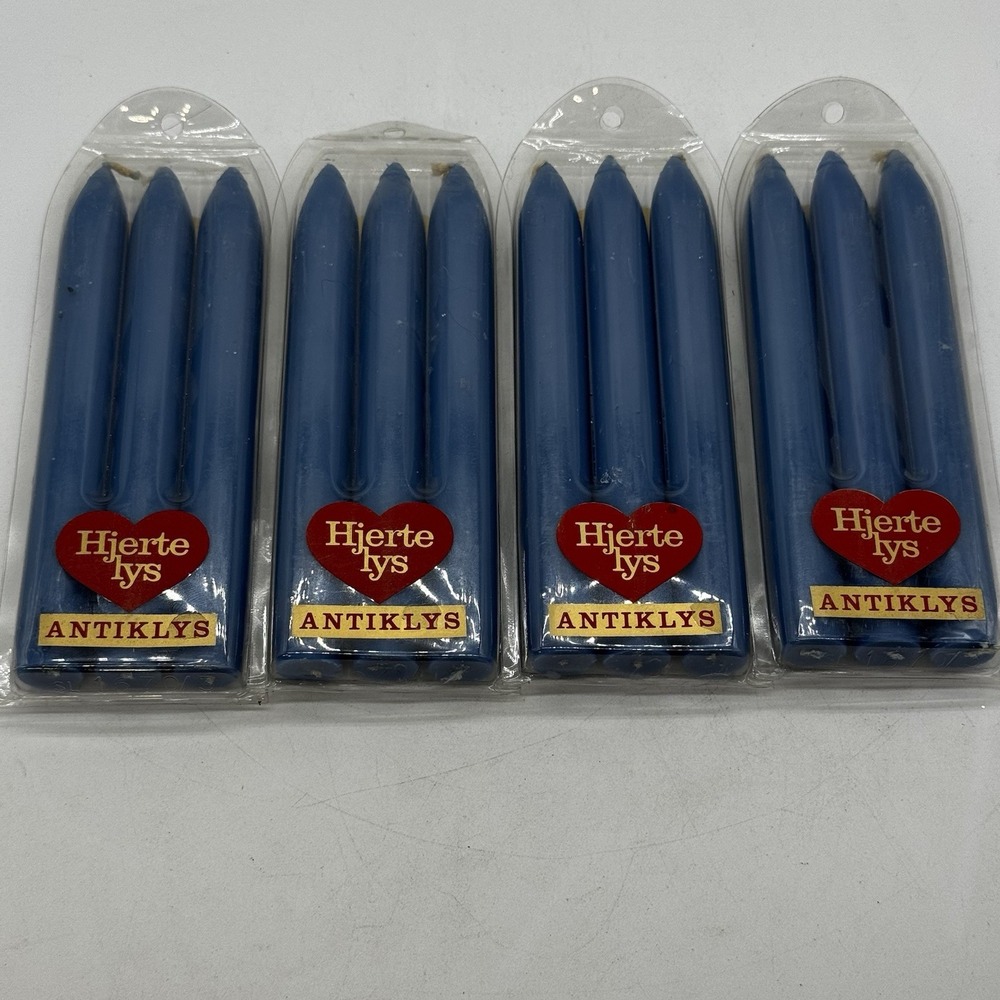 Lot 4 3-packs Hjerte lys Antiklys Made In Denmark Blue 7" Taper Candles NOS